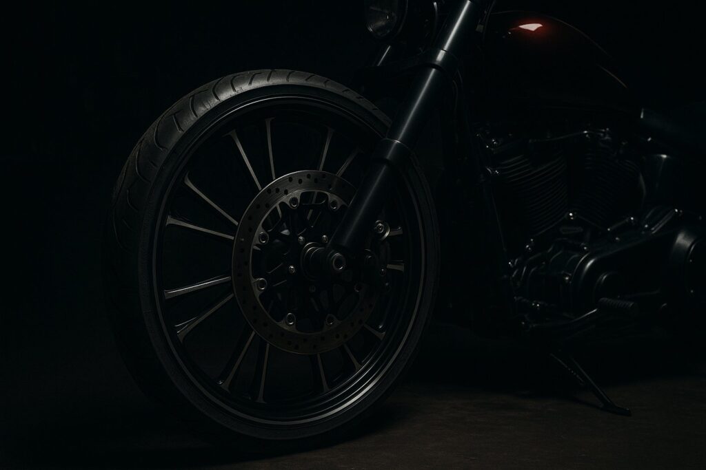 A large custom front wheel for a touring motorcycle