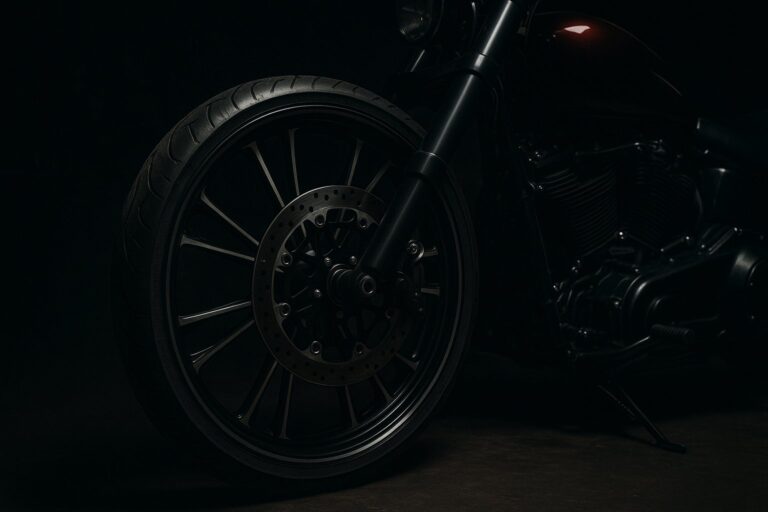 A large custom front wheel for a touring motorcycle