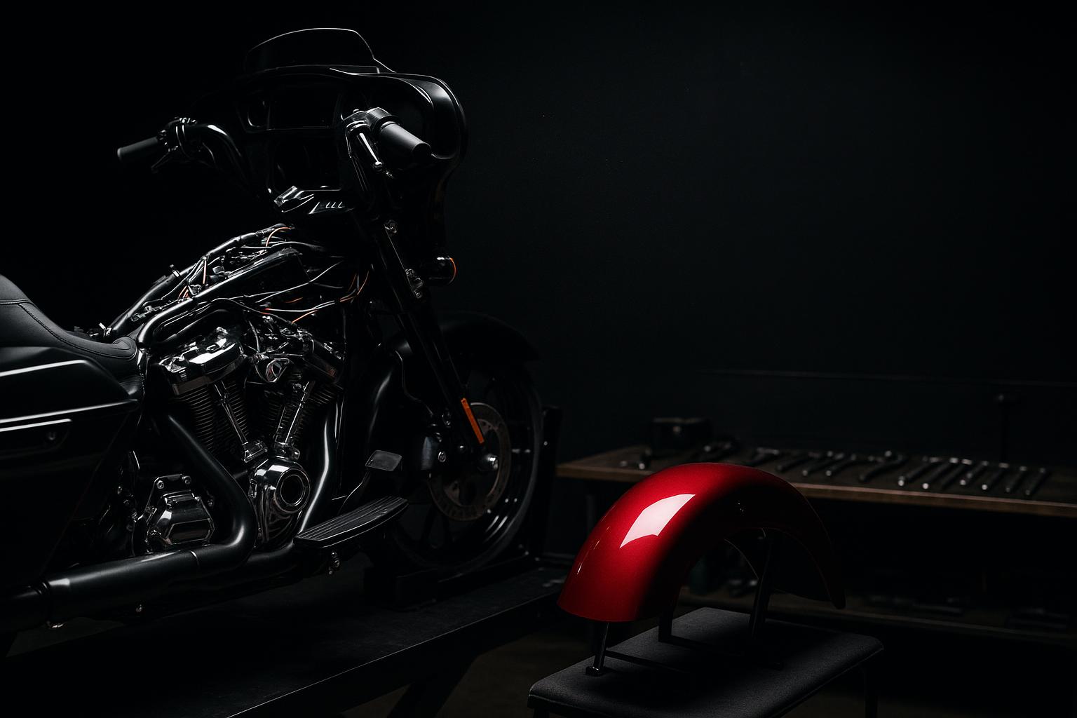 A bagger part way through assembly with the tank off and the wiring loom exposed, a freshly painted crimson fender on a stand alongside
