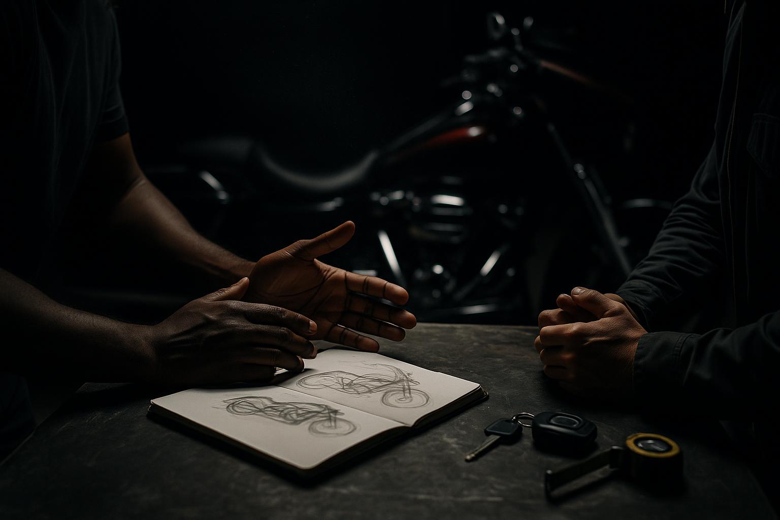Two pairs of hands meeting over a workshop counter beside an open sketchbook and a set of keys