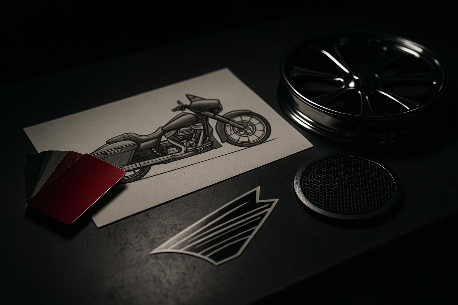 A build sheet laid out on black steel with a bagger elevation drawing, paint chips and wheel and speaker samples