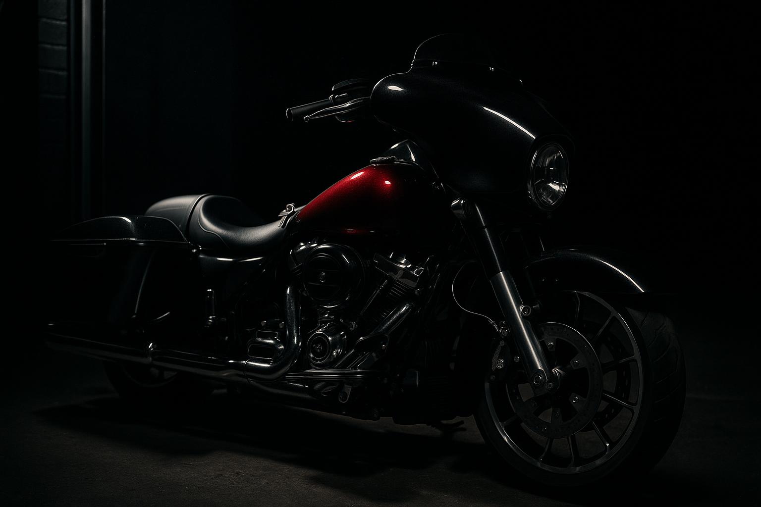 A finished custom bagger standing under one light at the open roller door of the workshop, keys resting on the seat