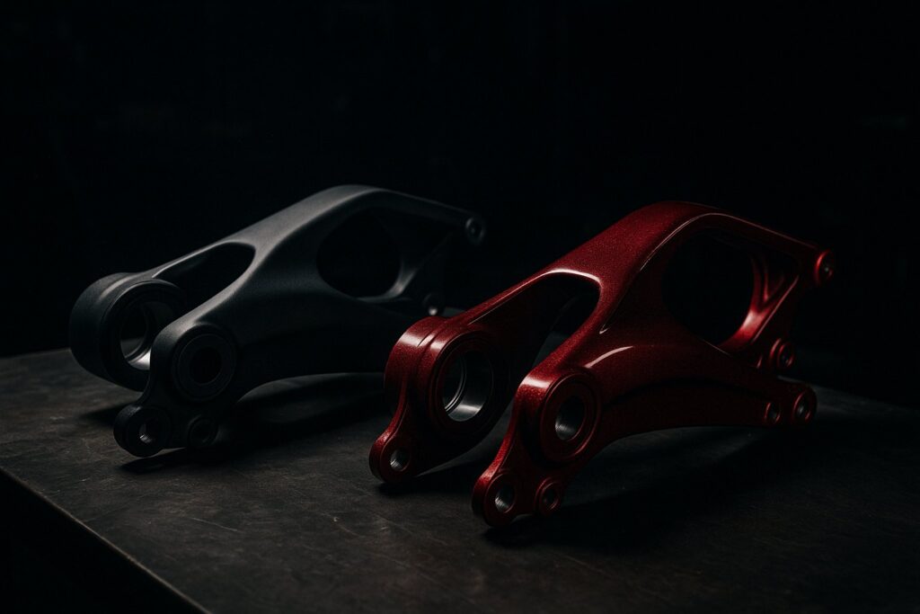 Powder coated and custom painted motorcycle parts side by side