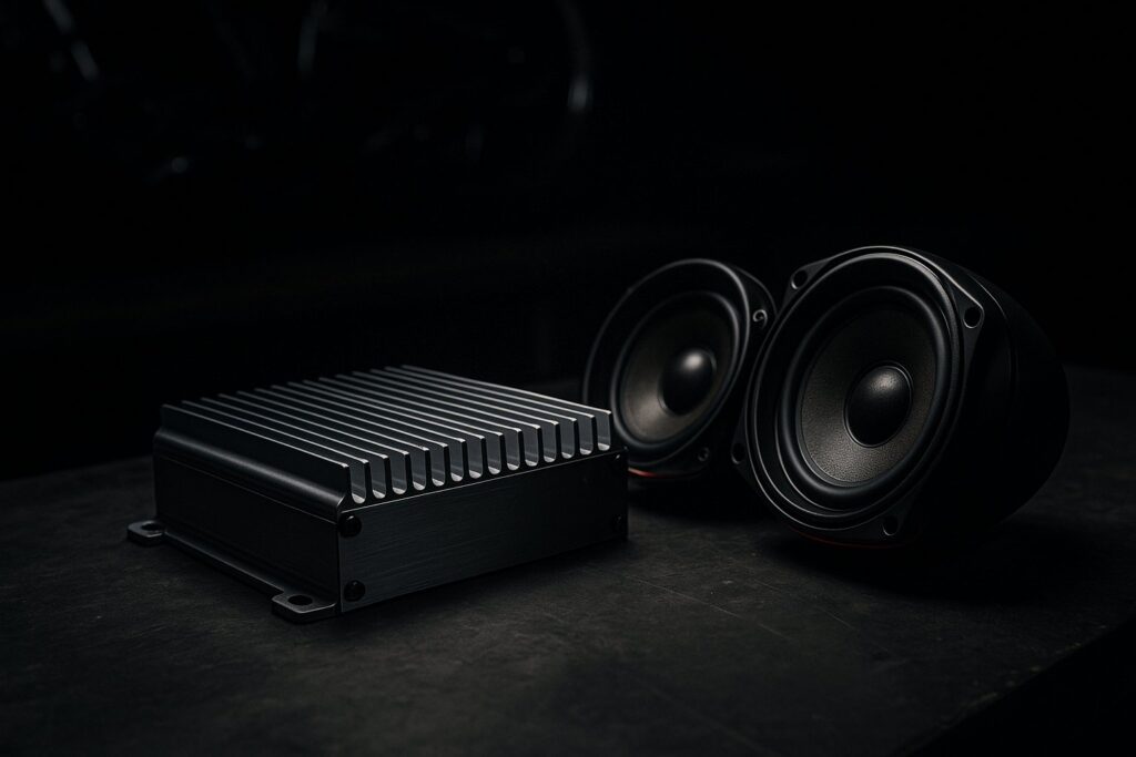 A motorcycle audio amplifier and fairing speakers